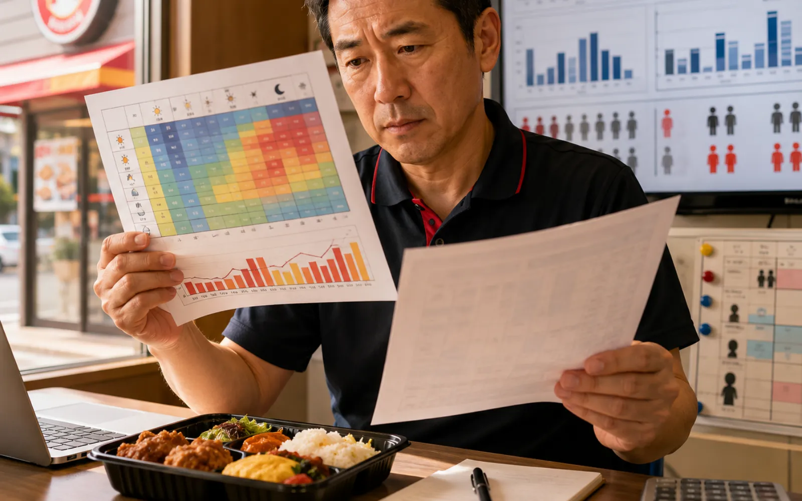 時間帯別曜日別売上と必要人員を分析するイメージ