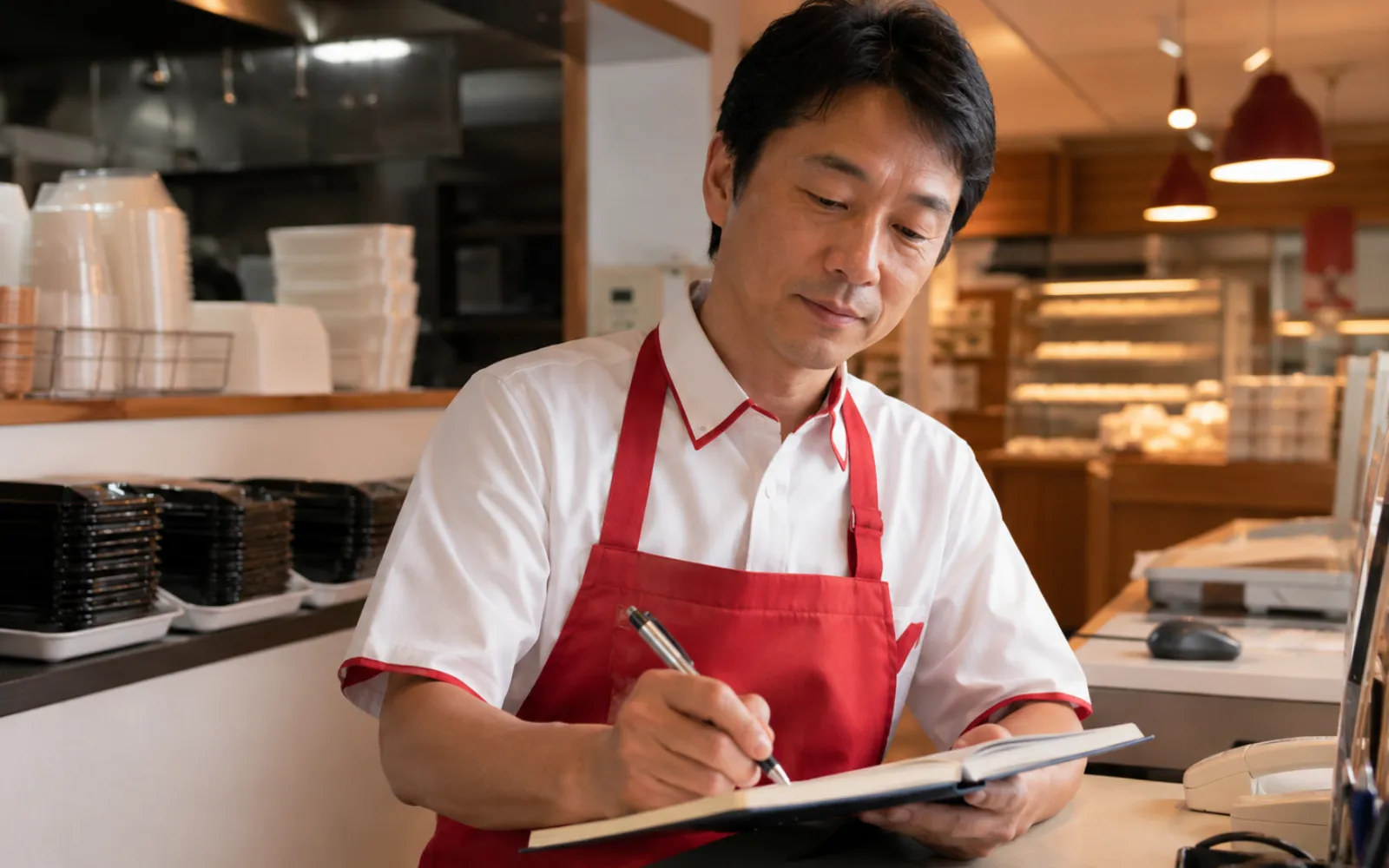 繁忙期後に振り返りをするほっともっとオーナーのイメージ