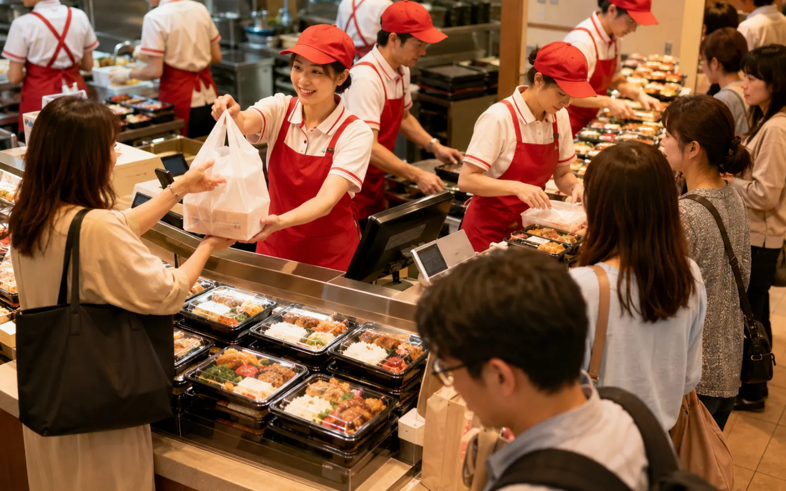 繁忙期に忙しく働くほっともっと店舗のイメージ