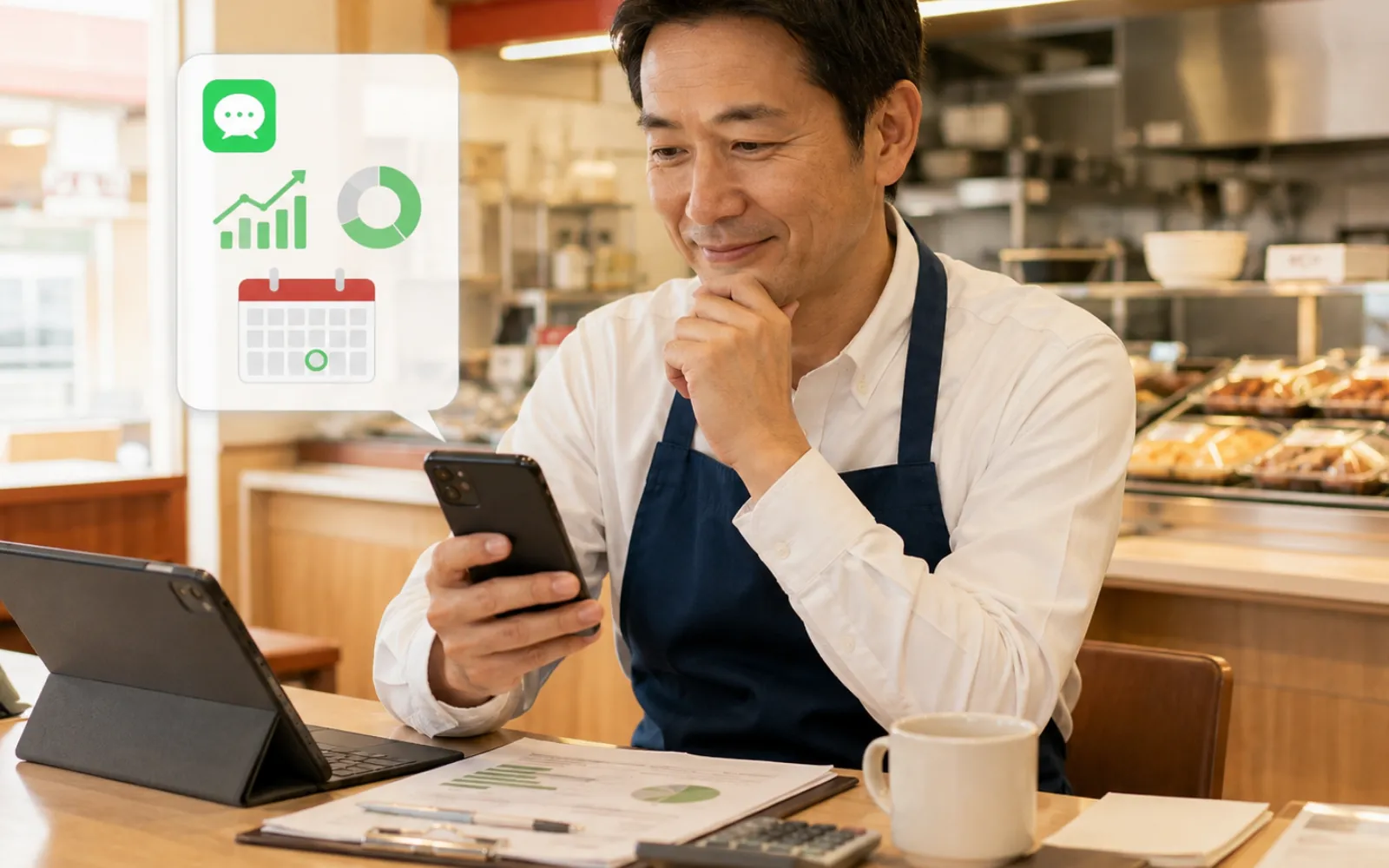 毎週月曜にLINEで経営レポートを受け取るほっともっとオーナーのイメージ