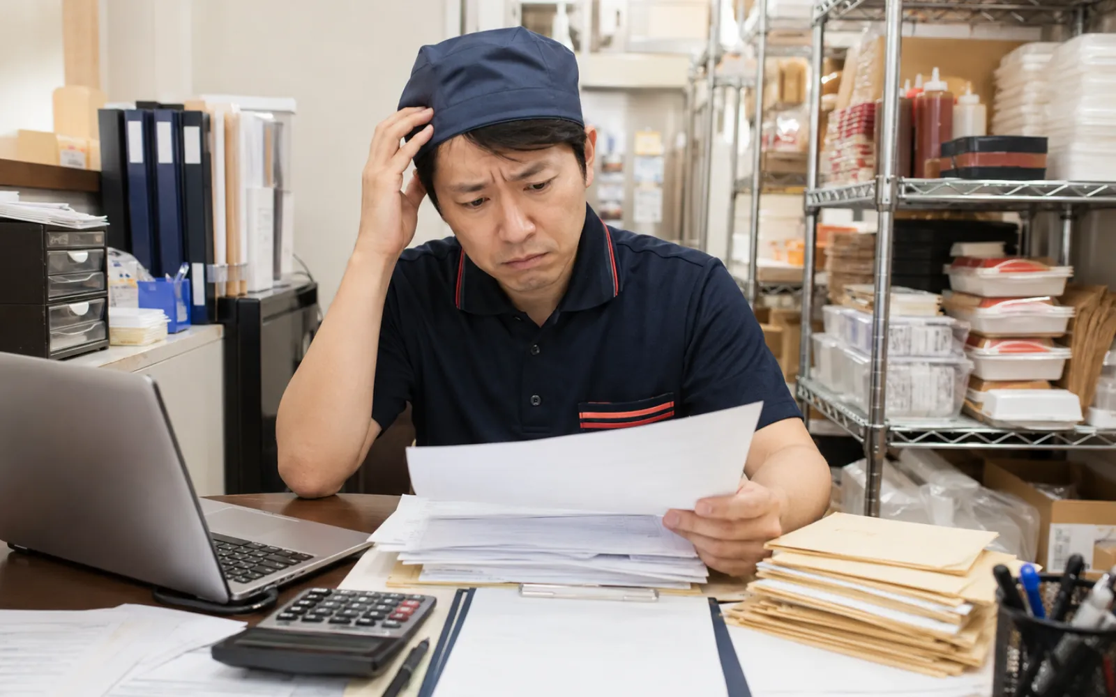 年度更新の書類に悩むほっともっとオーナーのイメージ