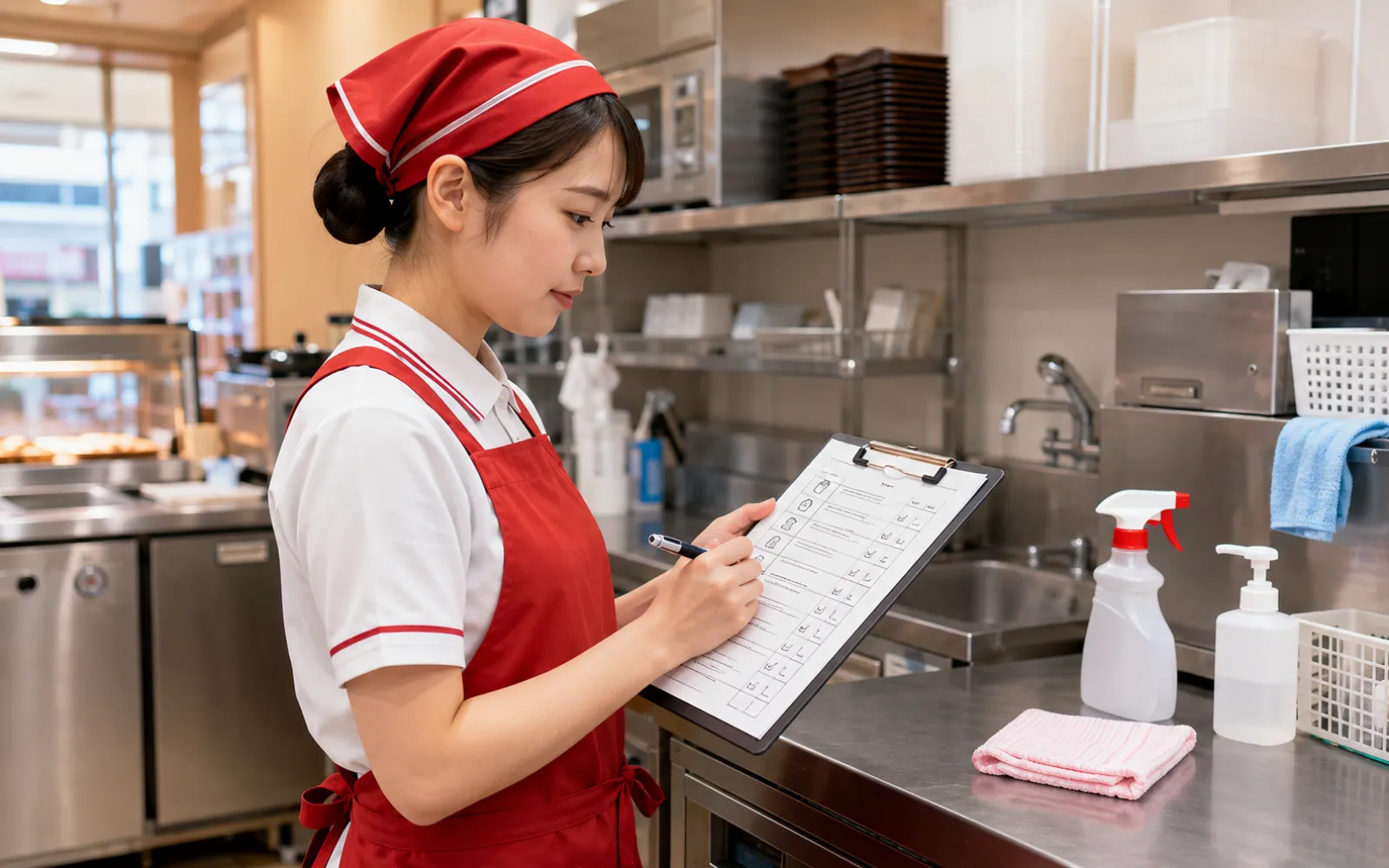 清掃チェックリストに記入するほっともっとクルーのイメージ