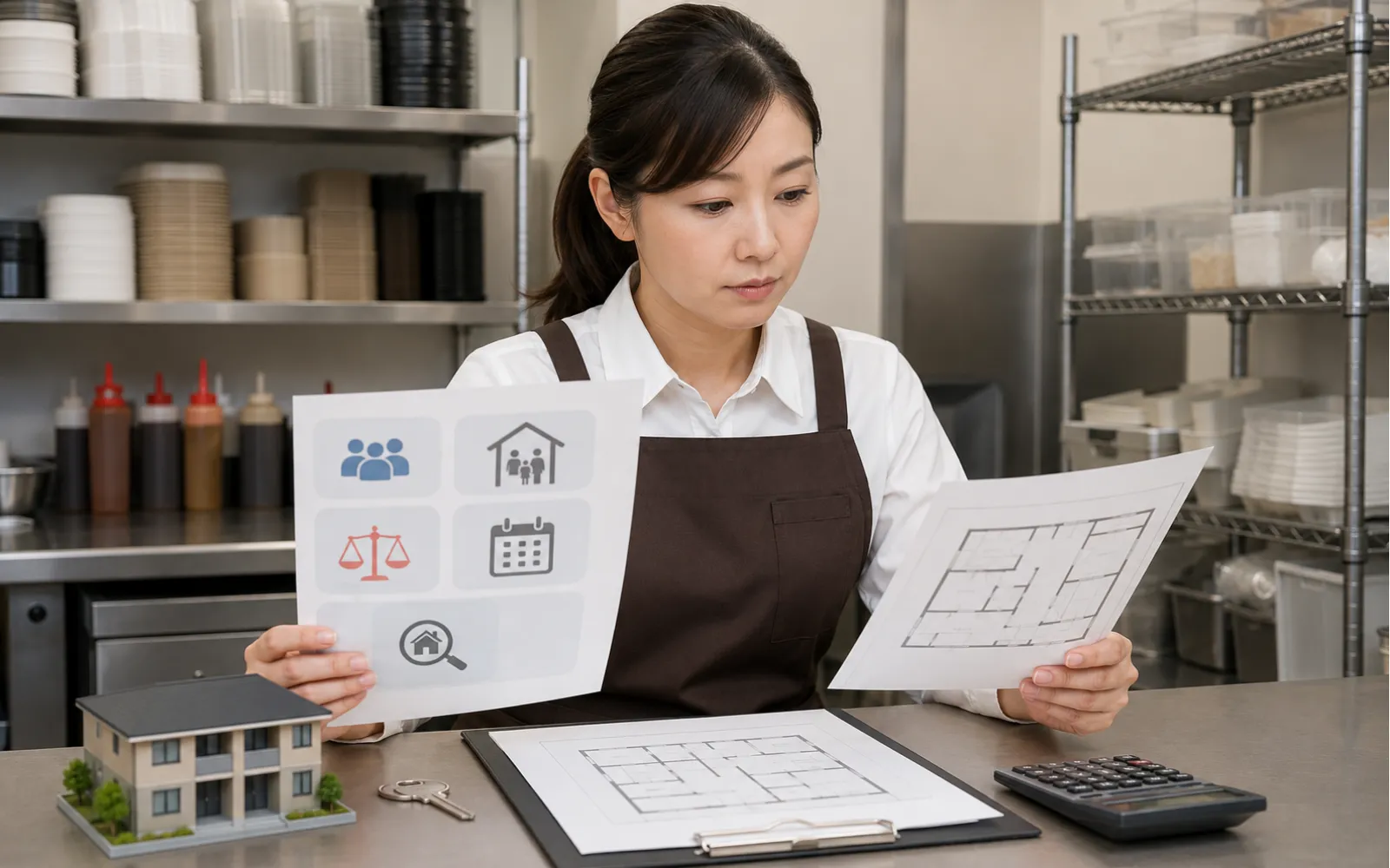 賃貸契約書を見ながら社宅制度の注意点を確認しているほっともっとオーナーのイメージ