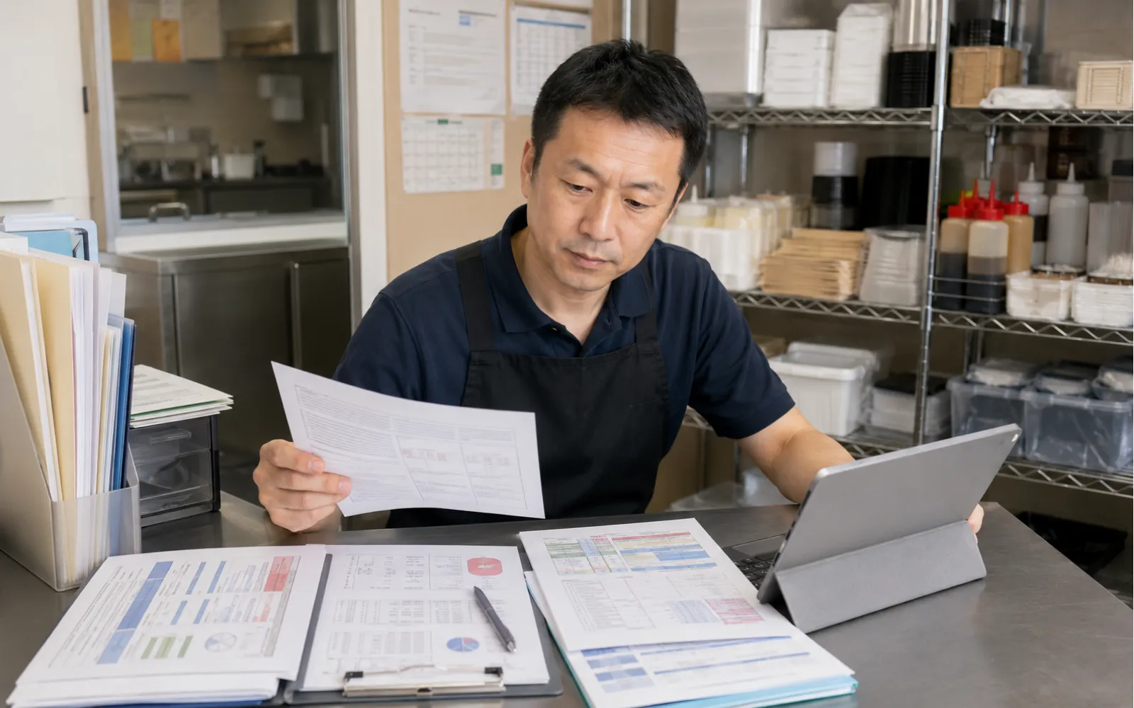 人材開発支援助成金の書類を確認しながら制度を調べているほっともっとオーナーのイメージ