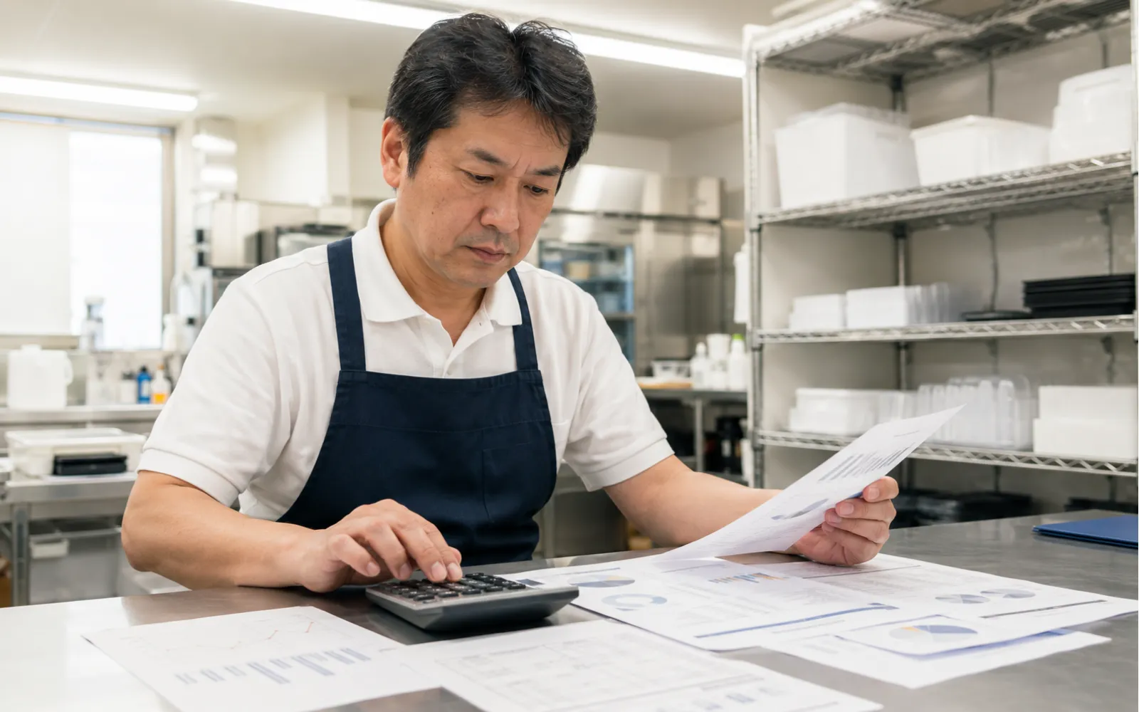 電卓を使い人材開発支援助成金の助成額の計算をしているほっともっとオーナーのイメージ