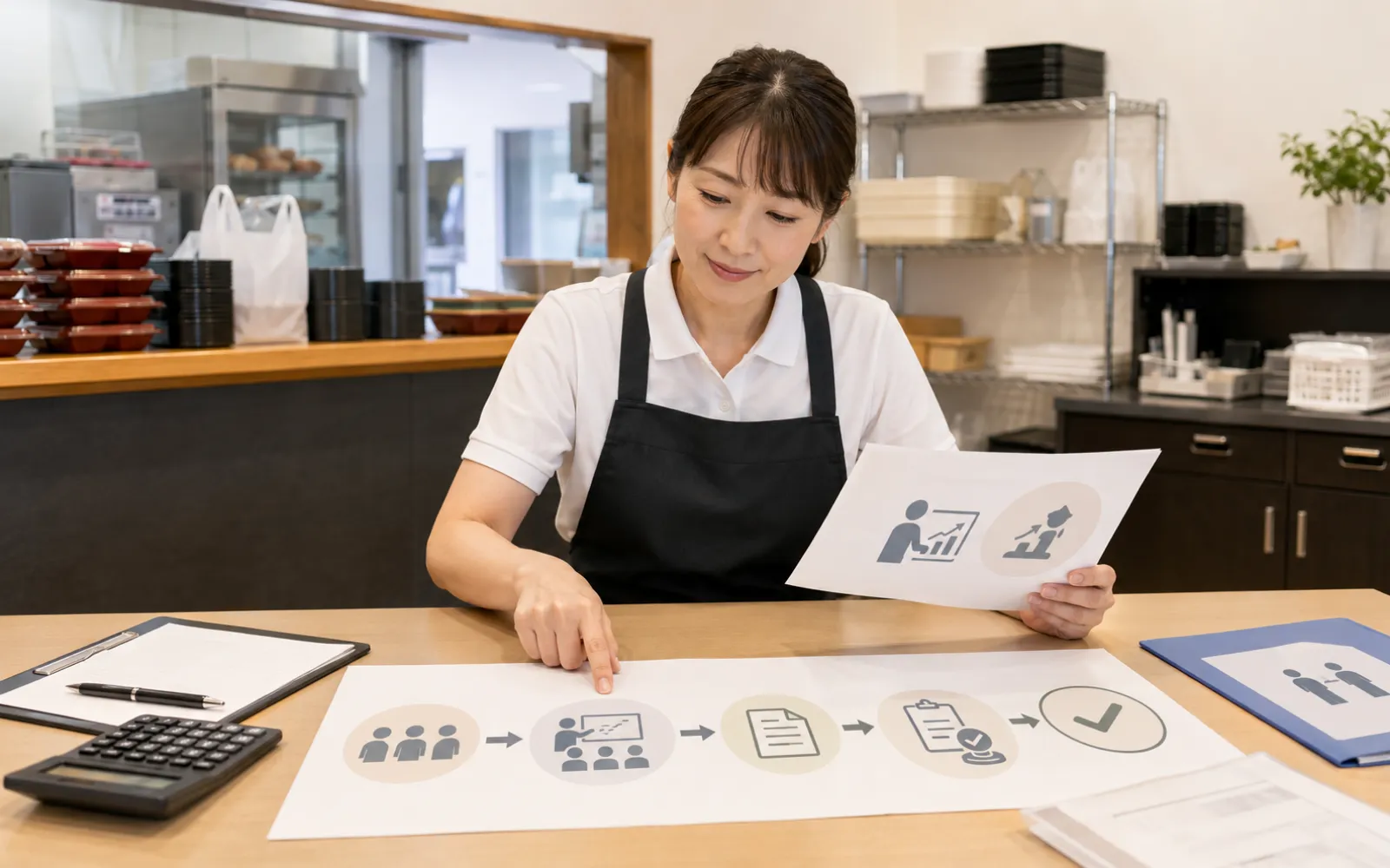 人材開発支援助成金の申請の流れを確認しているほっともっとオーナーのイメージ