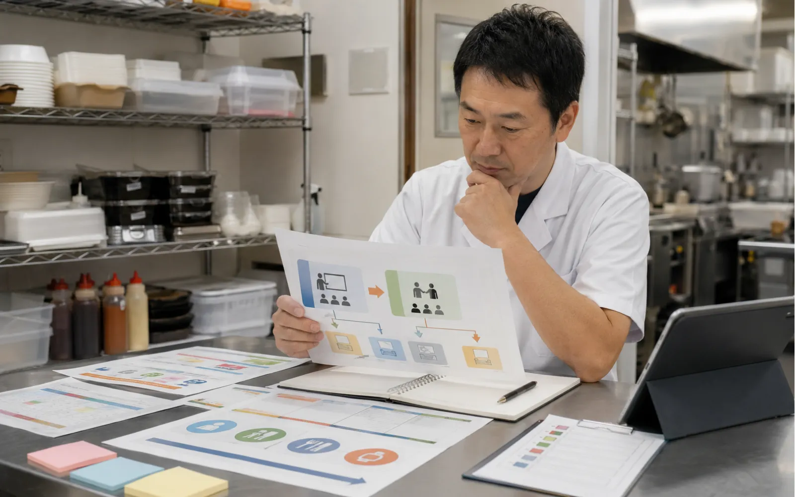 外部研修や店内訓練を計画しているほっともっとオーナーのイメージ