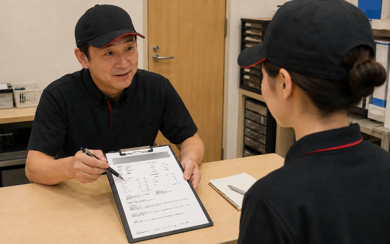 職務評価シートを見せながらクルーと面談するほっともっとオーナーのイメージ