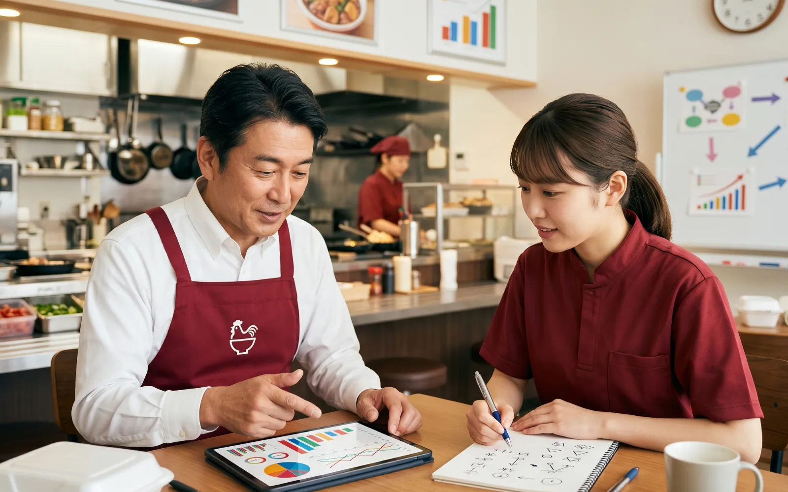クルーと一緒に数字を確認するほっともっとオーナーのイメージ