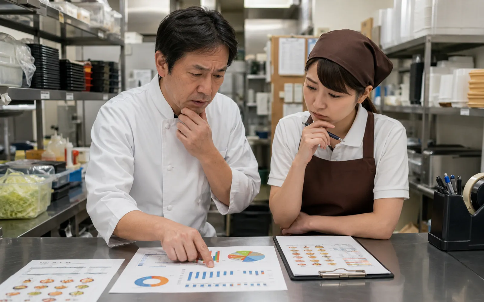 クルーと一緒にロスの数字を確認するほっともっとオーナーのイメージ