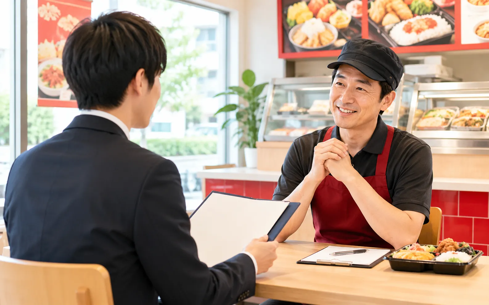 ハローワークからの紹介状を持った応募者と面接するほっともっとオーナーのイメージ