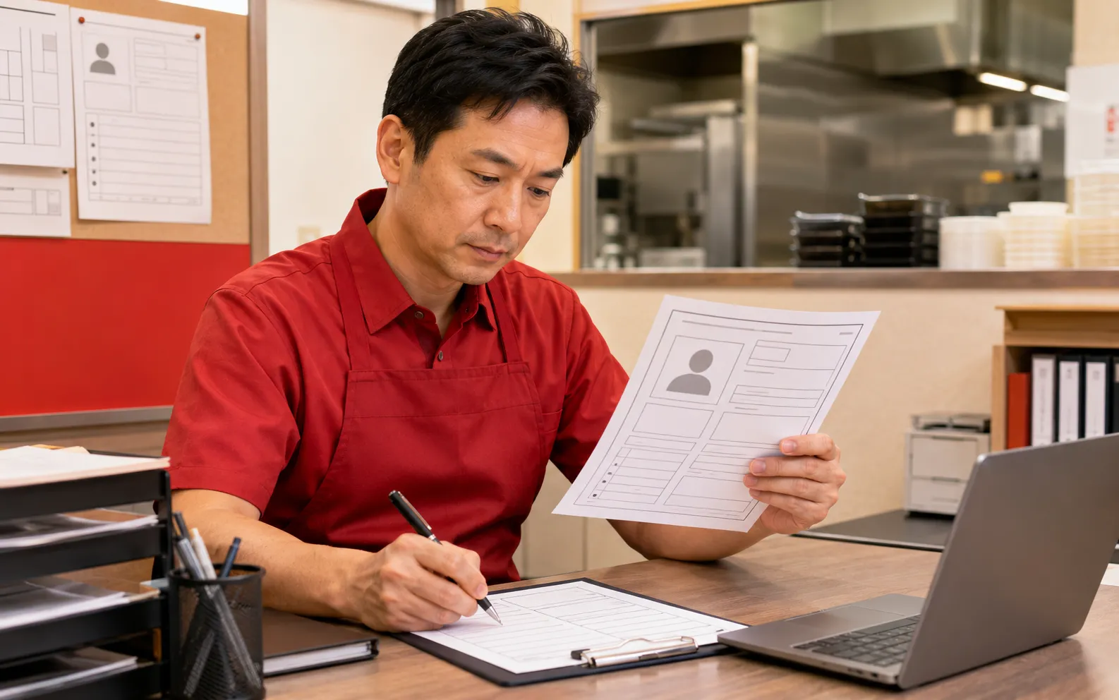 求人票の記入内容を確認しながら書いているほっともっとオーナーのイメージ