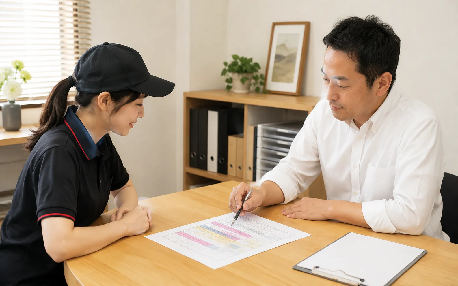 シフトの相談をしながらオーナーに質問するクルーのイメージ