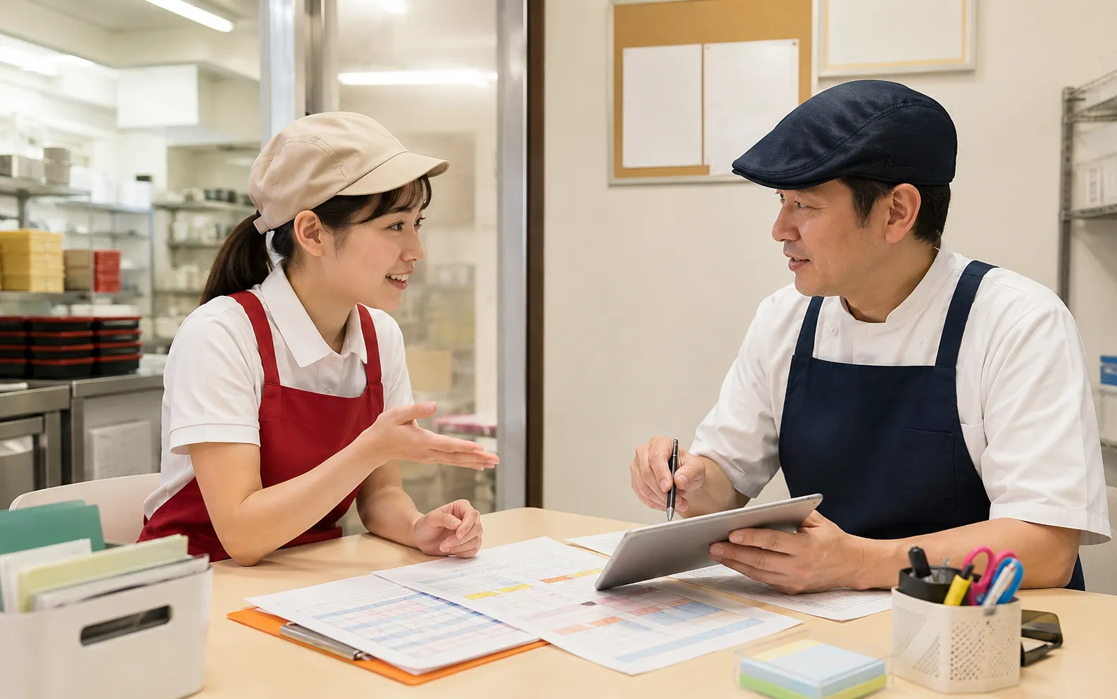 シフト表を見ながら面談するオーナーとクルーのイメージ