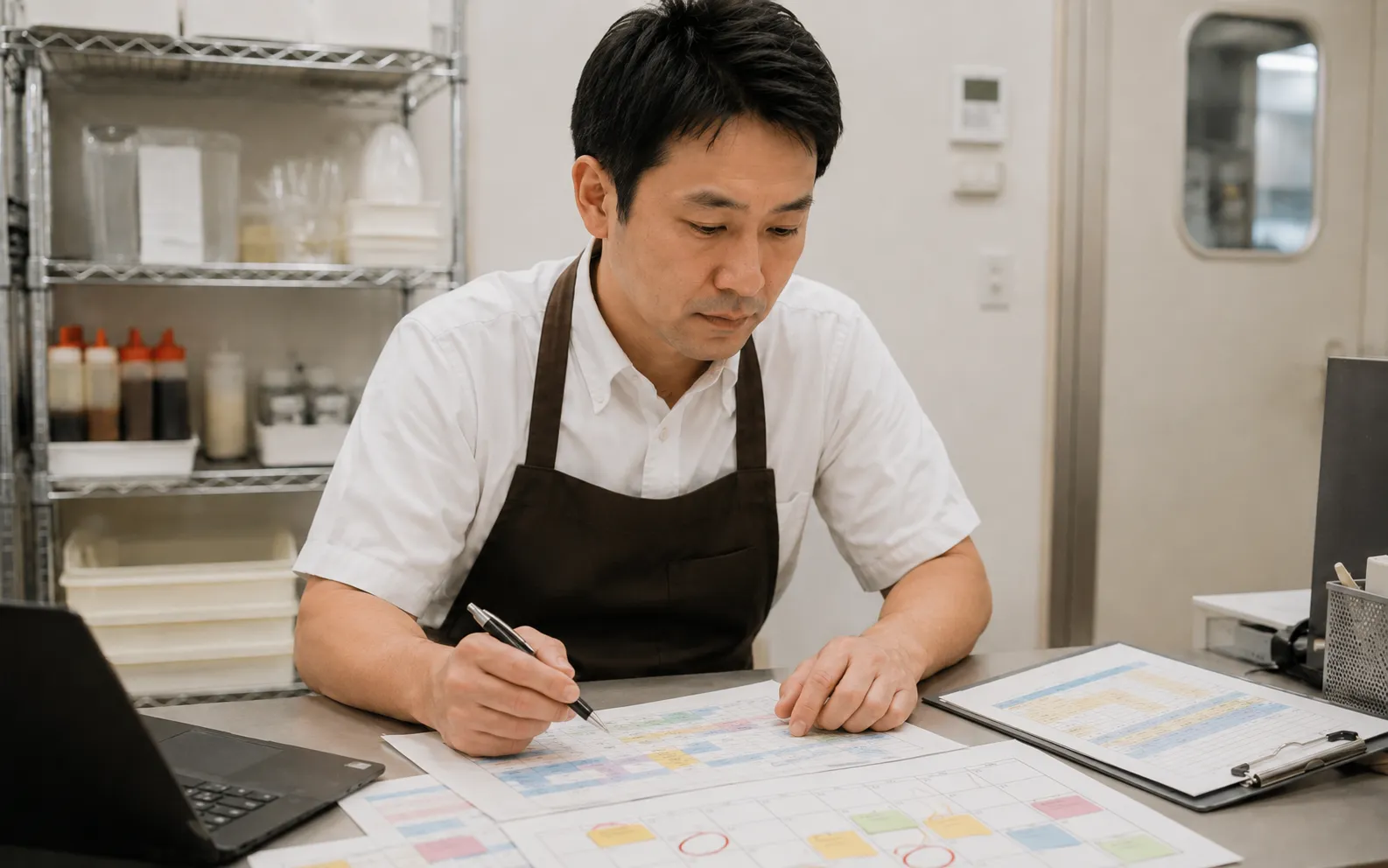 シフト表を見ながら休日設定を考えるほっともっとオーナーのイメージ